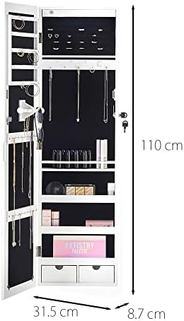CARME Amelia Wall Mounted Mirrored Jewellery Cabinet with Internal LED Lights Bedroom Organiser 2 Drawers Lockable Storage White