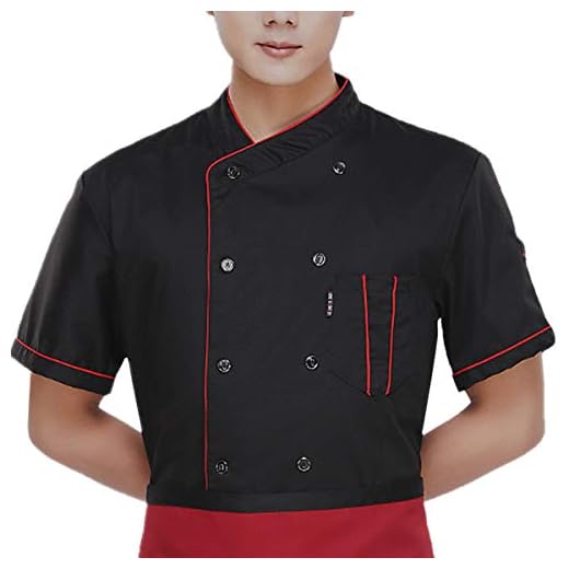 XINFU Unisex Chef Coat Short Sleeve Thin & Comfortable Kitchen Chef Uniform for Men Women, Black A, Medium