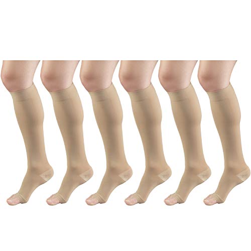 Image of Surgical Stockings, 18 mmHg Compression for Men and Women, Knee High Length, Open Toe Beige X-Large (6 Pairs)