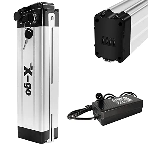 X-go Ebike Battery 36V 10AH/10.4Ah Lithium Li-ion Bike Battery Pack with Charger and Safety Lock for Folding Bike, Down Discharge Electric Bicycles 250W 300W 350W Motor (36V 10AH 4 Port)