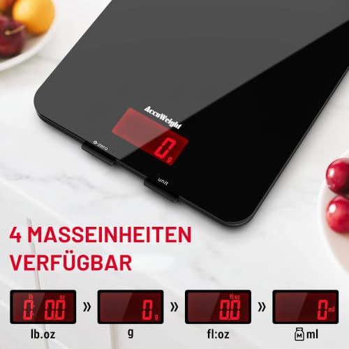 Foto von ACCUWEIGHT Küchenwaage 5KG Digitalwaage mit großem LCD-Display aus Hartglas Tara-Funktion Briefwaage Hochpräzise auf bis zu 1g für Backen Kochen Schmuck Batterien inklusive automatische Abschaltung