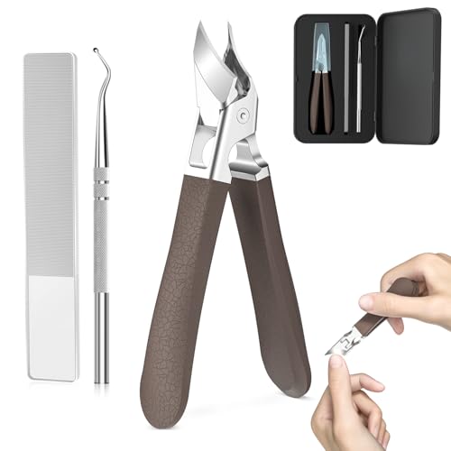 Eagle Beak Slanted Nail Clippers for Thick & Ingrown Toenails, Wide Jaw Opening Anti-Splash Angled Toenail Cutter with Curved Blade, Cuticle Clippers for Seniors, 3-Piece Set with Case