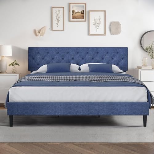 HOMBCK King Size Bed Frame, Upholstered Bed Frame with Headboard, Blue