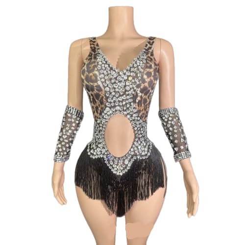 AOLANO Leopard Print Rhinestone Fringe Bodysuit with...