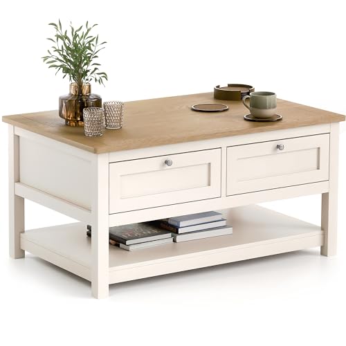 CHRISTOW Coffee Table with Storage & Oak-Effect Top, Lower Shelf & 2 Pull-Down Drawers, Modern 2-Tier Living Room or Bedroom Table, Sturdy MDF Frame, Matte Painted – Cream, H43cm x W86cm x D55cm