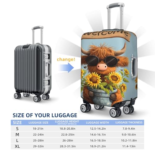 Cartoon Highland Cow Holding Sunflower Pot Elastic Travel Luggage Covers Dustproof Scratch-Resistant Suitcase Protector Fit 22-24 Inch4