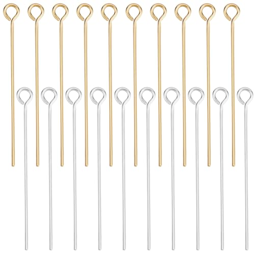 Beebeecraft 1 Box 200Pcs Eye Pins 18K Gold&925 Sterling Silver Plated Open Flat Head Bendable Eye Pins 30mm for Jewelry Making Beading Earring Bracelet Necklace DIY