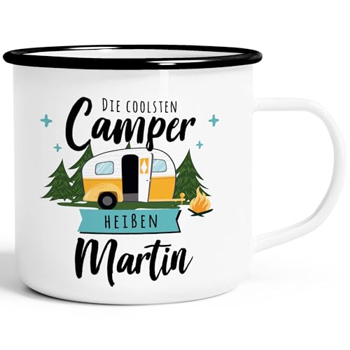 SpecialMe® Emaille-Tasse Camping Wohnmobil personalisiert mit Namen persönliche Geschenke für Camper Weiss-schwarz Emailletasse