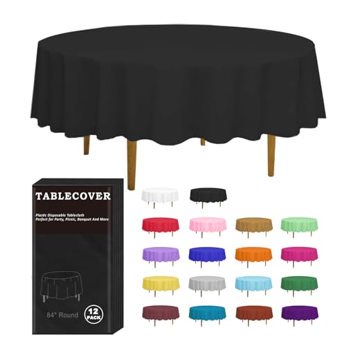 D&Z Lot de 12 nappes Rondes jetables en Plastique Noir de 213,4 cm pour fête, Anniversaire, Mariage, Noël, Thanksgiving