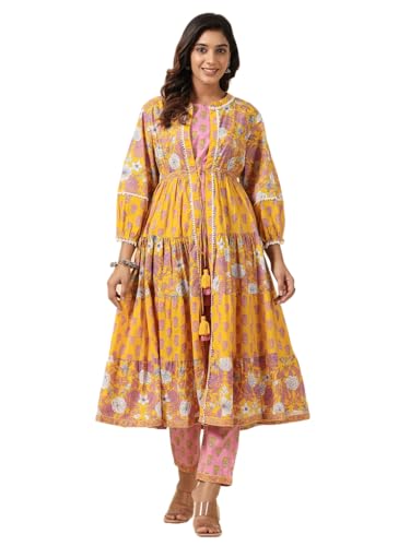 Image of SAVI Women's Cotton Printed Kurta Pant Set with Flared Shrug | Yellow & Pink Floral Print Ethnic Co-Ord Set | 3 /4 Sleeve Round Neck Traditional Outfit for Women & Girls