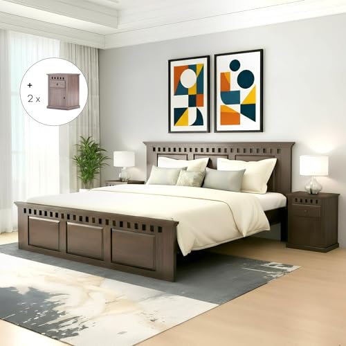 Image of Amazon Brand - Solimo Solid Sheesham Wood Kuber Queen Size Bed Without Storage + 2 Bedside | Wooden Queen Size Cot Bed | Double Bed with 2 Bedside Furniture for Bedroom (Walnut Finish)