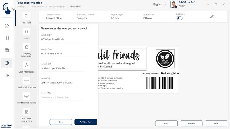 KERN SET-14 - Software EasyTouch Individual Print - personalised printouts, Individual positioning of print elements