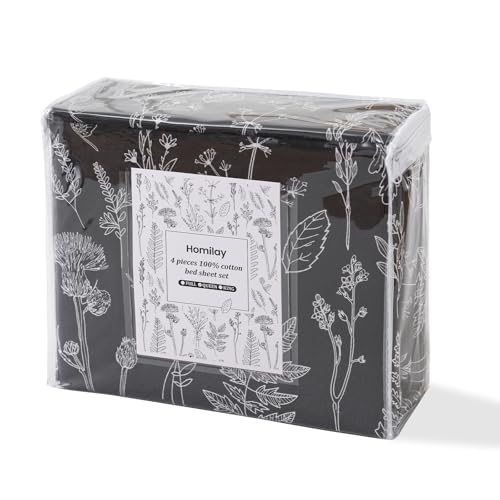 Image of 100% Natural Cotton Percale Sheets Set,Full Size 4 PC, Breathable&Durable Hotel Quality Bedding, 16 inch Deep Pocket Botanical Floral Bedsheets,Black