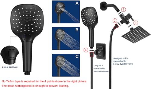Shower Head with Hose, High Pressure Stainless Steel 8 Inch Rain Showerhead and 3 Settings Handheld Shower Spray Combo with Push Button Flow Control(NearMoon Square Shower Head Set) (Matte Black) by NearMoon - Used condition - Image 3