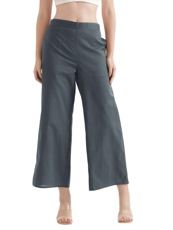 Image of SAADAA Women's Relaxed Fit Mid Rise Airy Linen Wide Leg Pants, High Waist Trousers for Formal, Casual & Office Wear