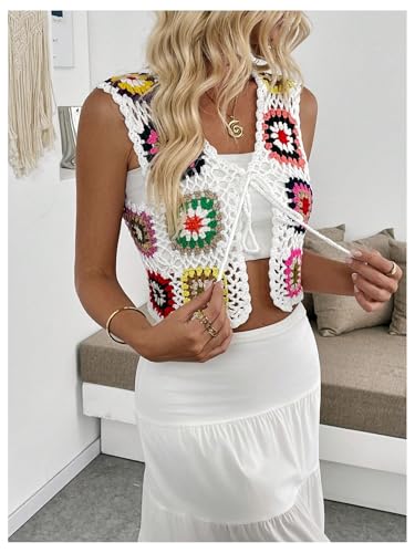 Verdusa Women's Boho Floral Hollow Out Tied Sweater Vests Crochet Cropped Cardigan3