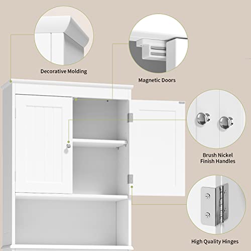 Gizoon Over The Toilet Storage Cabinet With Adjustable Shelf And Double Doors, Bathroom Space Saver Organizer Above Toilet With Open Shelf, Taller Wooden Free Standing Toilet Rack -White #TOP4