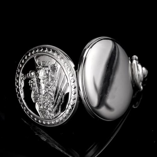 Image of SIBOSUN Antique Men Pocket Watch with Chain Oversized 50MM 1.96 Inch 3D Locomotive Steam Train Railroad Hollow + Box