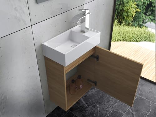Faizee Home Badmöbel Set Eiche – Waschbeckenunterschrank mit Keramik Waschbecken & Armatur – Kompakter Badezimmerschrank Badschrank ohne Spiegel für Gäste WC & kleine Bäder