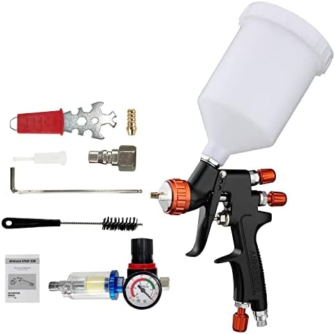 HVLP Gravity Feed Air Spray Gun Kit, Newest Automotive Spray Paint Gun with Pressure Gauge, 1.3mm Nozzle and 600cc Cups, for Primer, Touch-Upspray, Car Primer, Furniture Surface Spraying