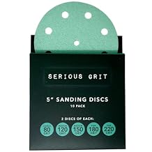 Serious Grit - مجموعة عينات من أقراص الصنفرة مقاس 5 بوصات و9 فتحات - 80 و120 و150 و180 و220 Grit 2 من كل نوع - أقراص فيلم Hook & Loop شديدة التحمل - ورق صنفرة لصنفرة مدارية عشوائية - مجموعة من 10 أقراص