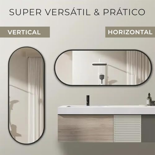 Espelho Oval Moldura Preto Sala Quarto Hall 100x30 Grande Decorativo