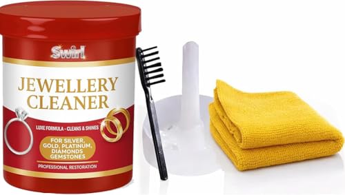 Jewellery Cleaner - Silver & Gold Jewellery 145ml Liquid Cleaning Solution with Basket Brush & Polishing Cloth Jewellery Cleaning Kit for Rings Earrings & Watches - Silver Jewellery Cleaner