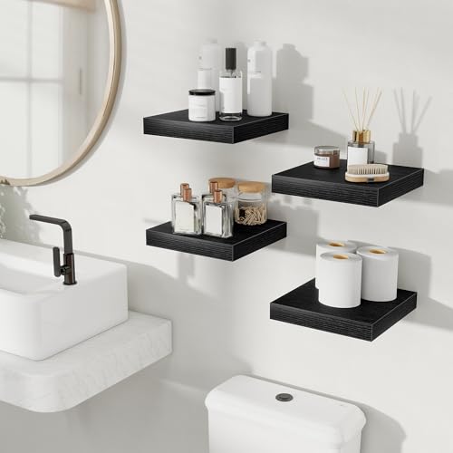 Image of Fun Memories Floating Shelves for Wall, 9.3 Inch Set of 4 Rustic Wood Wall Shelves with Invisible Brackets, Heavy Duty Storage Display for Bathroom Bedroom Living Room Kitchen, Black