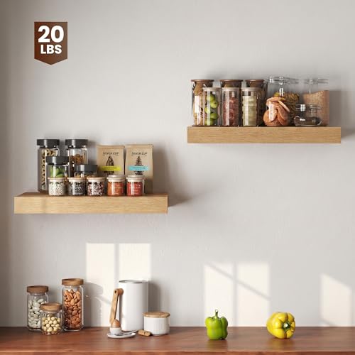 Image of Dreamland 20 inch Floating Shelves for Wall, 12 inch Deep Thicker Floating Shelves, Wall-Mounted Shelves for Bedroom, Living Room, Kitchen, Bathroom, Oak - Set of 2