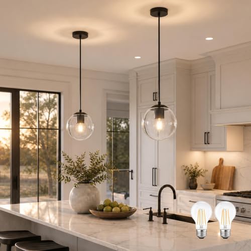 KoKo&Yukina 8" Clear Glass Pendant Lights Kitchen Island 2 Pack Modern Globe Pendant Light Mid-Century Modern Black Pendant Light Fixtures for Dining Room Bedroom Entryway Hallway (Bulb Included)