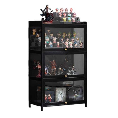 Deerou ガラスショーケース フィギュアケース 大容量 全面ガラス コレクションケース 強化ガラス 三面クリア 自然竹素材 扉開閉式 ディスプレイラック キャビネット 【組立商品】 (ブラック,3枚扉 70cm(密閉・防塵))
