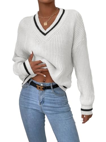 Womens Pullover Long Sleeve V-Neck Casual Loose Fit Striped Fall