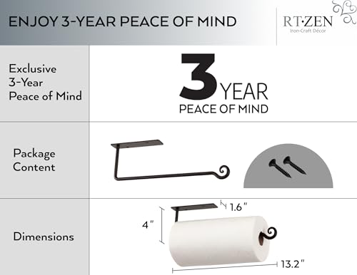 RTZEN Under Cabinet Black Paper Towel Holder - Handcrafted Rustic Metal Decorative Wrought Iron Decor Inside or Under Counter - Farmhouse Wall Mount Paper Towel Holder for Kitchen or Bathroom