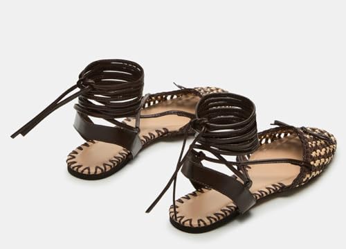 Image of Woven Ballet Flats for Women Lace Up Closed Square Toe Summer Sandals Dressy Shoes
