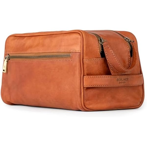 BERLINER BAGS Kosmetyczka z prawdziwej skóry w stylu vintage, Tim, duża pojemność, kosmetyczka dla mężczyzn i kobiet, na podróż, brązowa, Brązowy XL, X-Large, Tim XL