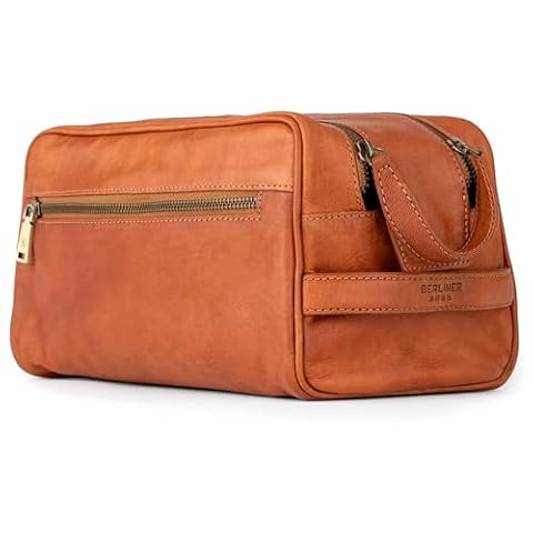 BERLINER BAGS Kosmetyczka z prawdziwej skóry w stylu vintage, Tim, duża pojemność, kosmetyczka dla mężczyzn i kobiet, na podróż, brązowa, Brązowy XL, X-Large, Tim XL