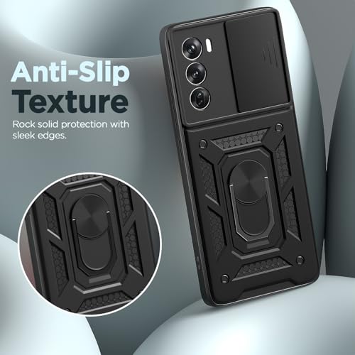 Image of Outlouders Back Cover for Oppo Reno 12 Pro 5G | D10 Tough Armor 360 Protection Case with Sliding Camera Shield & Ring Holder Stand Bumper Case (Black)