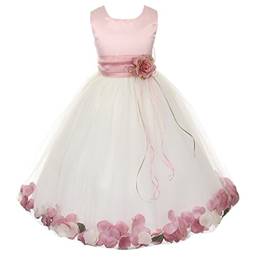 CrunchyCucumber Little Girls Rose Top Sleeveless Satin Bodice Floating Flower Petals Girl Dress with Matching Organza Sash and Ivory Double Tulle Skirt - Dusty Rose Set - Size 4