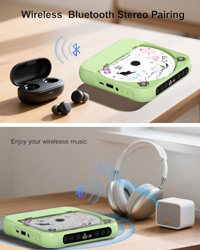 Image of ENVYCLOUD CD Player Portable with Dual Stereo Speakers, Rechargeable Portable Player with Bluetooth for Home with Headphones, Support CD /AUX /USB,Green