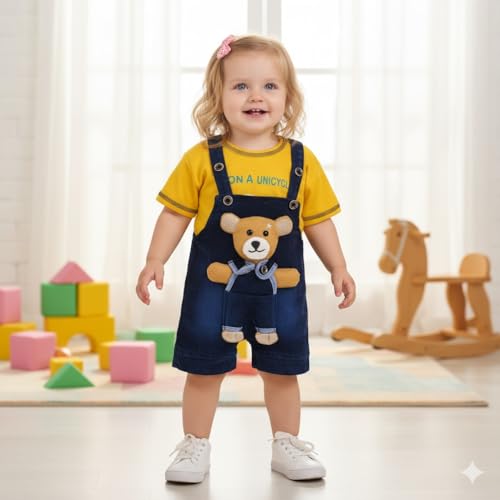Image of A.T.U.N. (ALL THINGS UBER NICE) Baby Girls Cotton Denim Dungaree Set with 3D Teddy Bear Design |Printed T-Shirt with Adjustable Straps | Stylish & Comfortable Daily Outfit for Baby Unisex