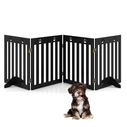 SOARS Cancelletto per Cani Pieghevoli 204 x 60 cm, Barriera per Cani in Legno a 4 Pannelli con Piedini Stabili, Recinzione per Scale, Ingressi e Corridoi (Marrone)