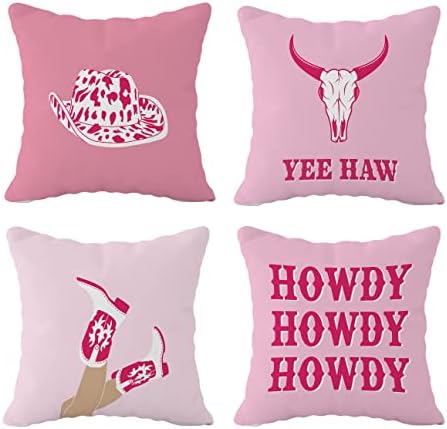 FULSOE Hot Pink Preppy Howdy Wild Western Cowgirl Boots Hat Cow Skull Throw Pillow Case Cover 18"x18" Set of 4,Pink Preppy Trendy Decorations for Home Girls Bedroom Dorm Office,Gifts for Teen Girls