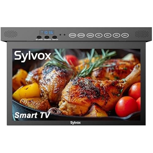 SYLVOX 15.6" Flip Down Smart TV Under Cabinet Google TV Supports 360 Degree Rotation WiFi & Wireless Connection, Storage Design for Kitchen Bedroom RV Yacht (Classic Black)