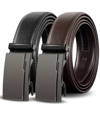 Image of Leather Ratchet Belts For Men 2 Pack,Slide Ratcheting Belt,Adjustable Click Dress Belt