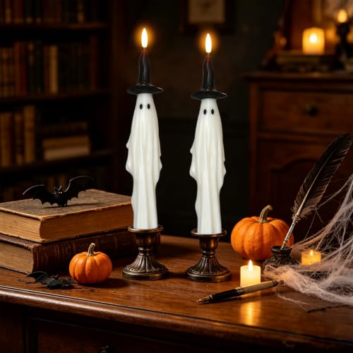 Image of Halloween Witch Flameless Taper Candles Battery Operated with 6H Timer, Set of 2 Real Wax 3D Wick Fickering Ghost LED Candlesticks Spooky Halloween Indoor Decor(0.79 inchD x 11.4 inchH)