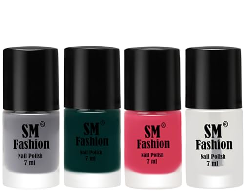 Image of Nail Polish Combo Set (Pack of 4) Quick Dry Gel Finish Nail Paint | Gray,Dark Green,Dark Rose Pink,Top Coat | 7 ml Each