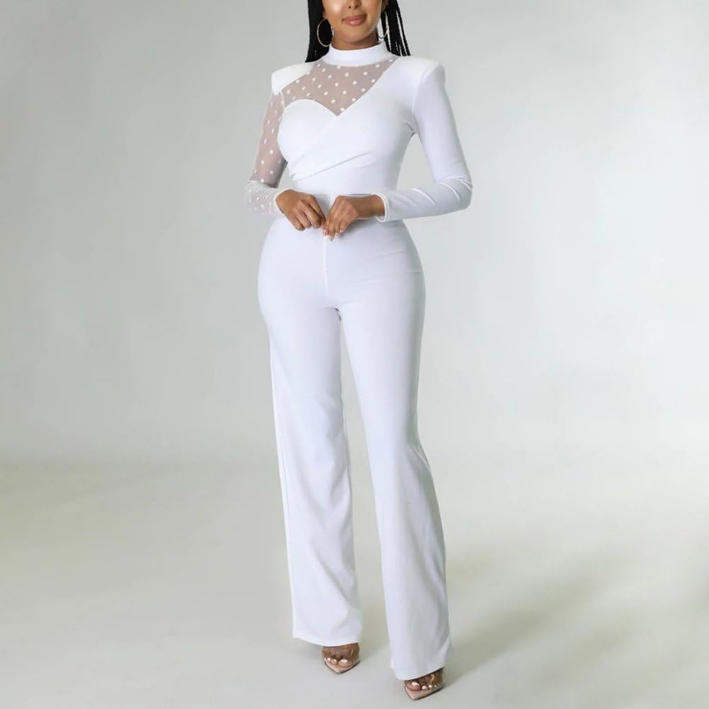Combinaison Élégante Pour Femmes En Mesh Avec Manches Longues Col Montant Couleur Unie Et Taille Haute