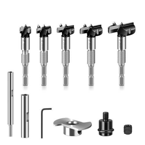 ONEVAN Lot de 5 forets Forstner Ø 15-35 mm, boîte en plastique, tiges hexagonales et d'extension, arrêts de profondeur