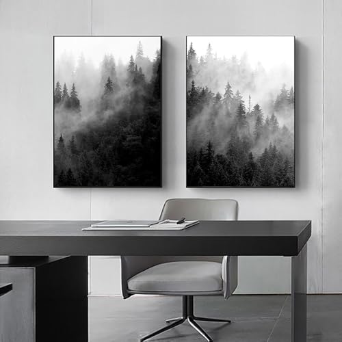 2 Laminas Decorativas Bosque 50X70CM Poster Blanco y Negro Cuadros Paisajes Naturales Lienzo Decorativo Para Pared Grande Laminas Decoracion Salon Modernos Poster Selva Mountain sin Marco