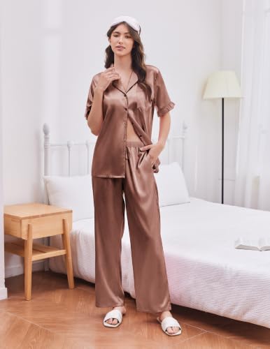 Image of Ekouaer Silk Satin Pajamas for Women Set 2 Piece Short Sleeve Button Up Pjs